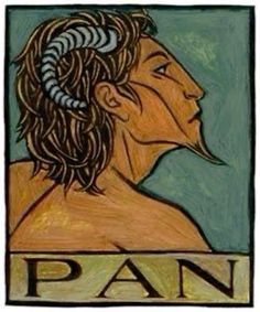 a painting of a man with horns on his head and the word pan above it