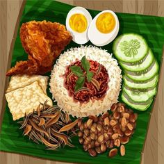 a plate with rice, cucumbers, nuts and other food items on it