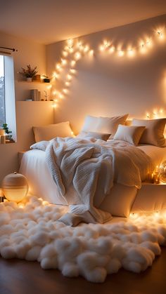 a bedroom with lights on the wall and a bed in the middle that is made up