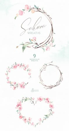 watercolor flowers and wreaths are arranged in the shape of an oval, circle, or