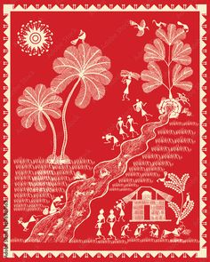 a red bandanna with an image of people and trees