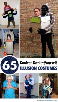 collage of costumes for adults and children with the words coolest do - it - yourself illusion costumes