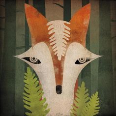 an image of a fox's head made out of paper with leaves on it