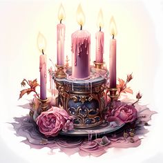 a candle holder with pink candles and roses