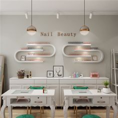 nail salon with two tables and stools in front of the counter top, one has green cushions on it