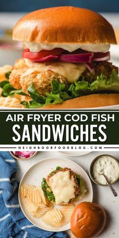 Looking for a delicious seafood recipe for dinner? These Air Fryer Cod Fish Sandwiches are loaded with melted cheese, lettuce, tomato, onion and homemade tartar sauce! Add this recipe to your easy seafood dinner ideas! Seafood Dinner Ideas, Easy Seafood Dinner, Fried Cod, Homemade Tartar Sauce