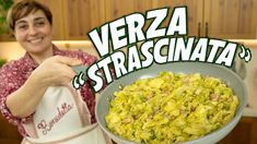 a woman in an apron holding up a bowl of food with the words vera strascenata on it