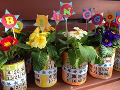 some potted plants with numbers and flowers in them