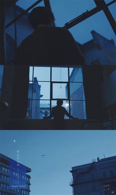 two different views of a man looking out the window at something in the sky and building across from him