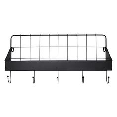 a metal shelf with hooks hanging from it's sides and an iron bar attached to the wall