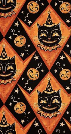 an orange and black pattern with cats on it