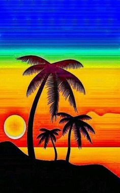 a painting of two palm trees in front of an orange, yellow and blue sunset