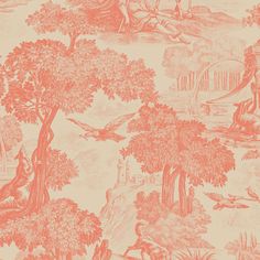 an orange and white wallpaper with trees, birds and other animals in the background