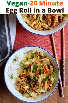 two bowls filled with egg roll in a bowl next to chopsticks