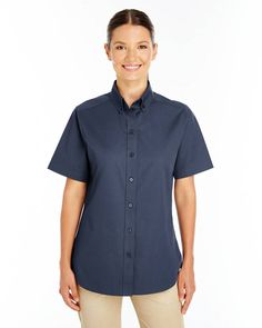 Ladies' Foundation 100% Cotton Short-Sleeve Twill Shirt with Teflon™ - DARK NAVY - 2XL | Harriton Women's Foundation Cotton Short-Sleeve Twill Shirt with Teflon in Dark Navy Blue Size 2XL Twill Shirt, Blue Khakis, Columbia Sportswear, Work Shirts, Wholesale Clothing, Calgary, Cotton Shorts, Custom Clothes, Shirt Sleeves