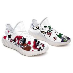 Joker And Harley Quinn Yeezy Boost Lightweight construction with breathable mesh fabric provides a comfortable and flawless fit. Harley Quinn Shoes, Bratz Halloween Costume, Shoes Yeezy, Boost Shoes, Yeezy Sneakers, Shoes Sport, Yeezy Shoes, Joker And Harley Quinn, Shoe Art