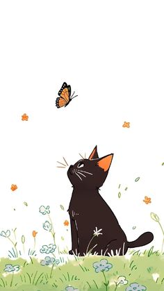 a black cat sitting in the grass with a butterfly flying over it's head