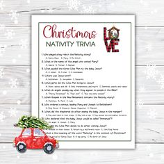 a red car with a christmas tree on top and the words, christmas nativity trivia