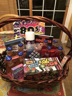 a basket filled with various items on top of a table