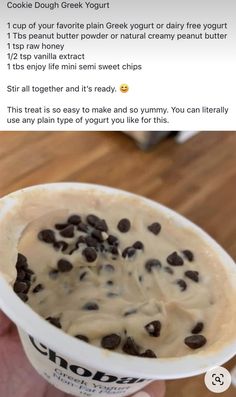 an ice cream sundae with chocolate chips on top is shown in this instagram