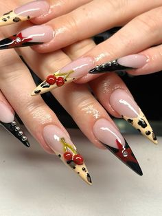 Edgy Stiletto Nails, Fun Red Nails, Cherry Nail Ideas, Red Stiletto Nails, Long Stiletto Nails, Sharp Nails, Tapered Square Nails, Long Stiletto, Nails 3d