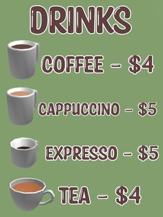 a poster with different types of cups and saucers on it, all labeled in the words drinks coffee = $ 4 cappuccino = $ 5