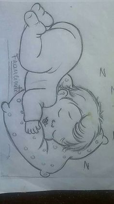 a drawing of a baby laying on top of another child's head with the letter n above it