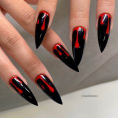 Maximalist Nails, Bottom Nails, Red Bottom Nails, Blood Nails, Halloween Nail Ideas, Concert Nails, Black Halloween Nails, Witchy Nails