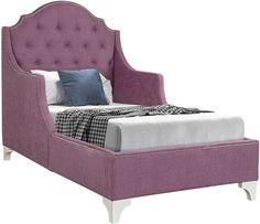 a bed with a purple upholstered headboard and foot board is shown in front of a white background