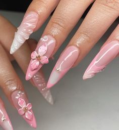 3d Floral Nails, Basic Nail Ideas, Nails 3d Art, Stiletto Nails Long, Everyday Nails, Stilleto Nails Designs, Long Almond, Gel Toe Nails, Wow Nails