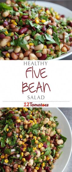 two plates filled with beans and greens on top of each other, one has the title healthy five bean salad