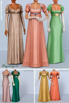 four dresses with different colors and styles for the female in each dress, one is wearing a