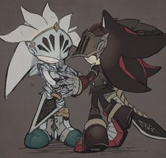 two sonic and shadow characters, one with an umbrella on his head the other wearing armor