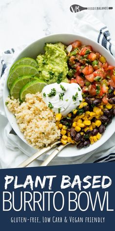 plant based burrito bowl with guacamole, black beans, corn and avocado