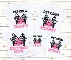 three shirts that say pit crew, mommy and baby with checkered cars on them