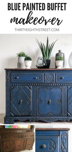 blue painted buffet makeover with text overlay