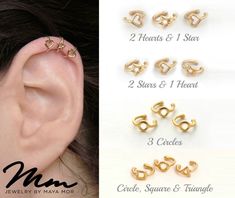 Minimalist Set of 3 Geometric Ear cuffs no piercing - Ideal for women and girls with no piercing as these ear cuffs just slide on. Stack all 3 ear cuffs together, mix them up, wear a single ear cuff or two ear cuffs of your choice together. PLEASE NOTE: The price is for ALL THREE ear cuffs DETAILS: ❖ Set of 3 small ear cuffs (no piercing) - 1 triangle, 1 square, 1 circle / 3 Circles / 2 Stars + 1 Heart / 2 Hearts + 1 Star (The price is for ALL THREE ear cuffs) ❖ No piercing needed. ❖ Fastening - Ear Cuffs No Piercing, Upper Ear Earrings, Fake Ear Piercings, Heart Ear Cuff, Simple Ear Cuff, Cartilage Ear Cuff, Small Silver Hoop Earrings, Triangle Jewelry, Fake Nose Rings