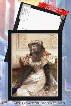 a postcard with a gorilla dressed up as a woman in a dress and hat