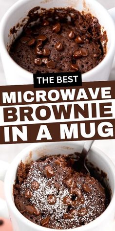 microwave brownie in a mug with chocolate chips on top and the title above it