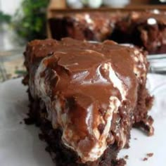 a piece of chocolate cake on a white plate