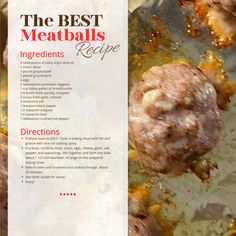 meatballs cooking in a pan with sauce and seasoning on the side, along with instructions for how to cook them