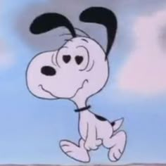 a cartoon dog flying through the air with its nose open and eyes wide open, in front of a cloudy blue sky