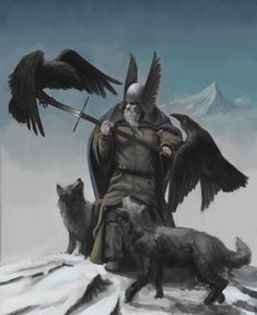 an image of a man with two crows on his shoulder and one wolf in the foreground