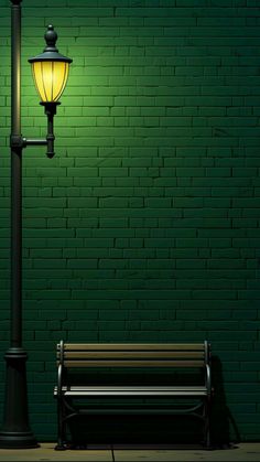 a bench sitting under a street light next to a green brick wall and lamp post