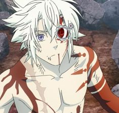 an anime character with white hair and blue eyes is standing in front of some rocks