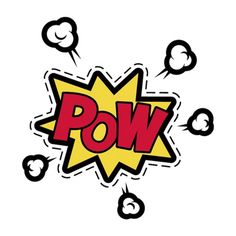 the word pow is written in red and yellow with black dots around it on a white background