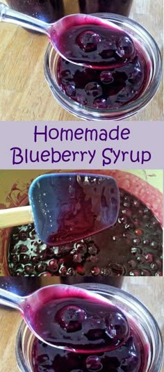 homemade blueberry syrup in a jar with spoons