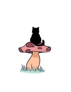 a black cat sitting on top of a mushroom