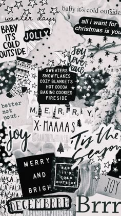 black and white collage with christmas stickers all over the entire wall, including snowflakes