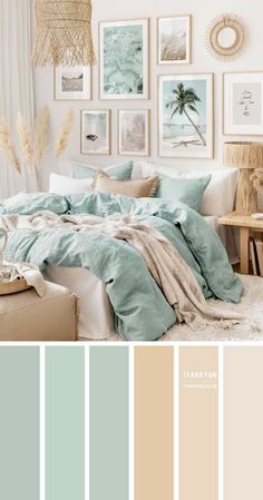 a bedroom with blue and beige colors in the walls, bedding and pictures on the wall